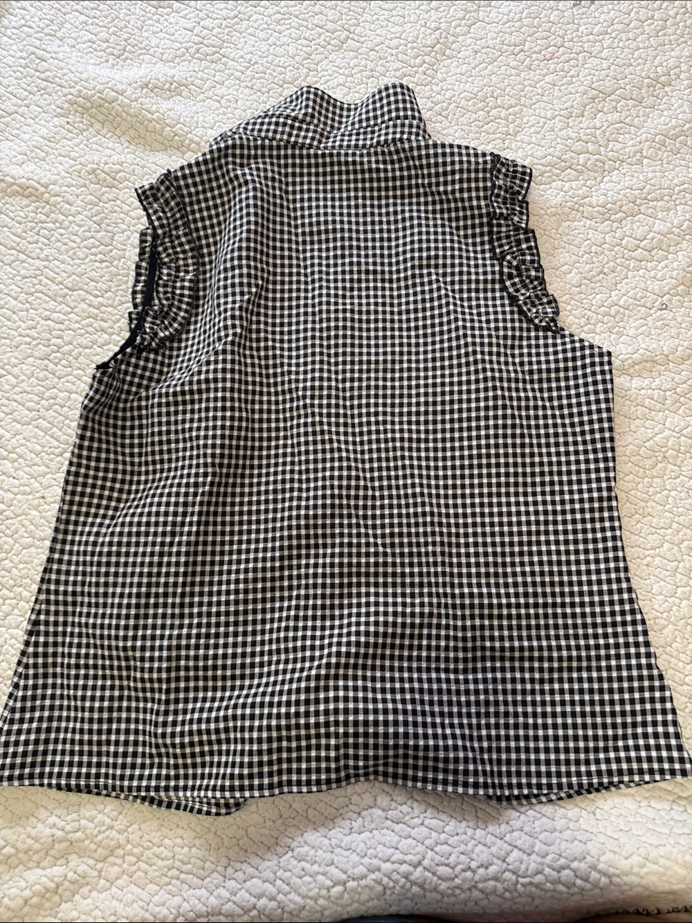 Allegra K Black & White Gingham Ruffle-Sleeve Button Top - Picture 2 of 3